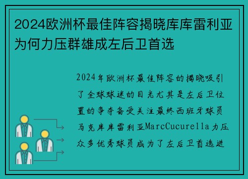 2024欧洲杯最佳阵容揭晓库库雷利亚为何力压群雄成左后卫首选